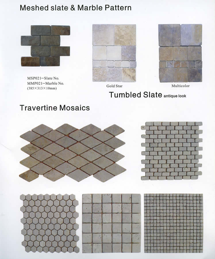 Meshed Slate, tumbled slate, travertine mosaics